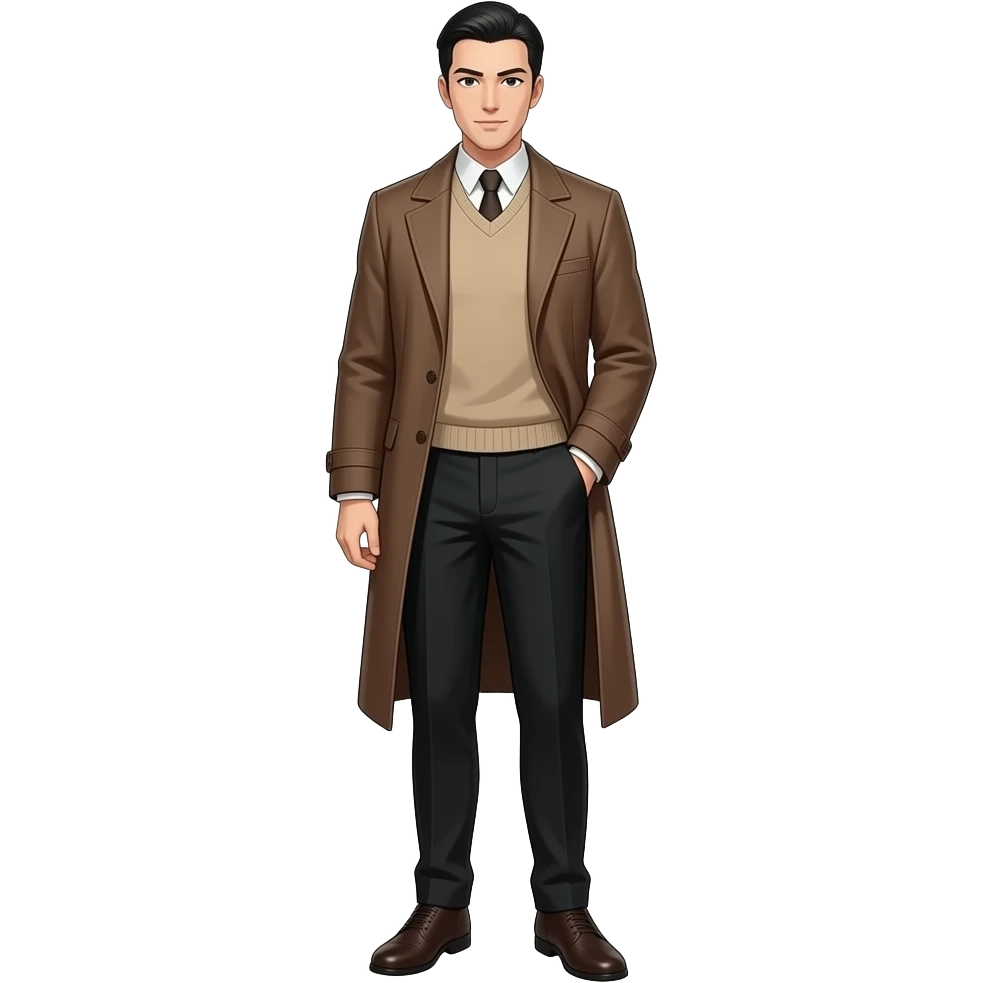Anime male detective brown dress coat and black dress pants and beige dress sweater slick back black hair very tall full body emoji