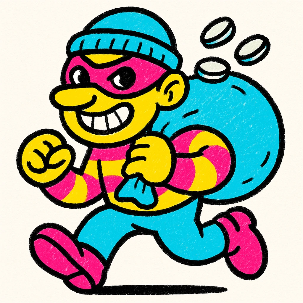 caricatured thief holding a bag of silver coins, colorful and expressive style emoji