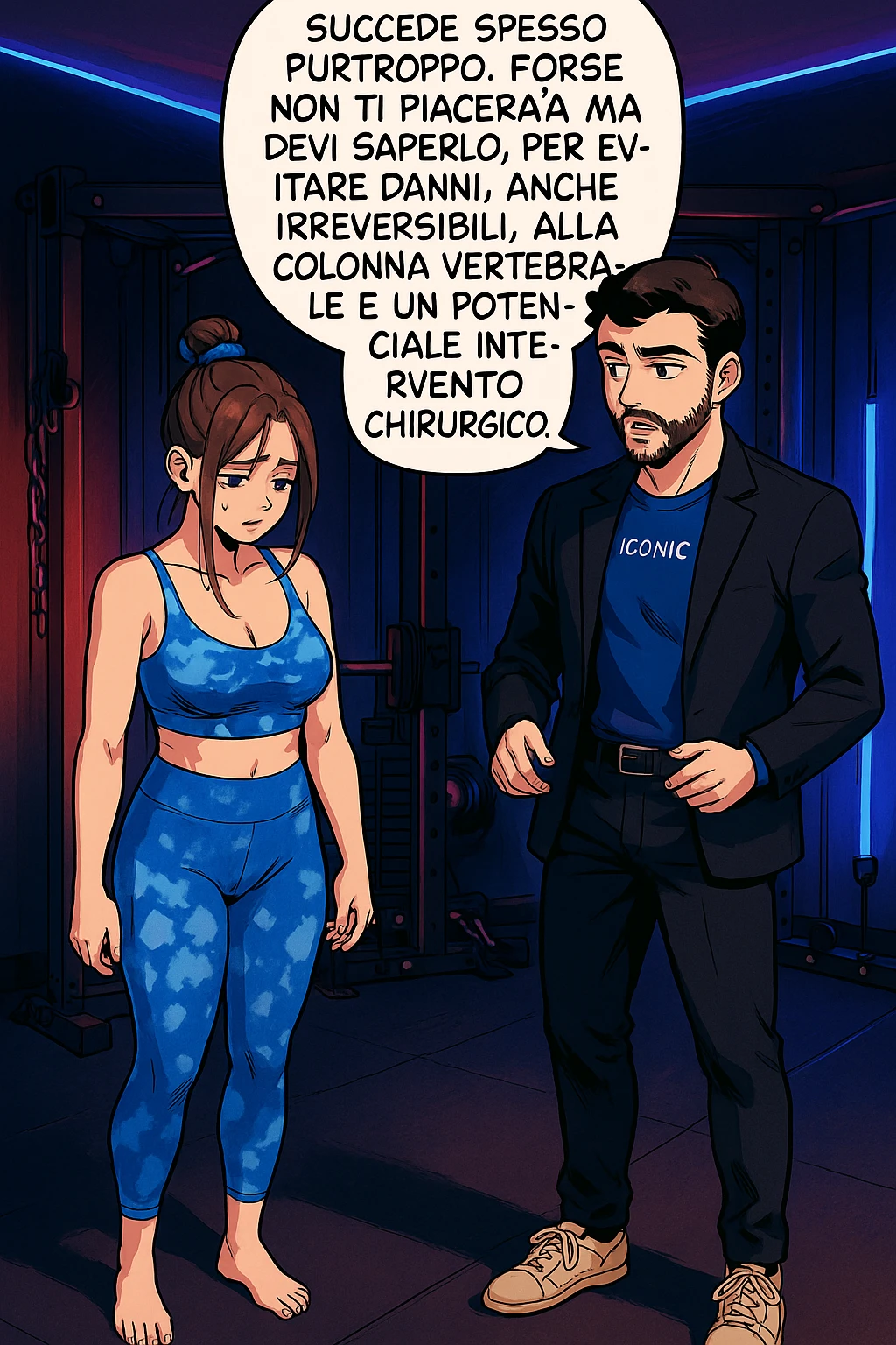fai questa immagine in versione fumetto/manga/webtoon a colori, il manga mostra l'uomo che risponde alla donne:
Succede spesso purtroppo. 
Forse non ti piacerà ma devi saperlo, per evitare danni, anche irreversibili, alla colonna vertebrale e un potenziale intervento chirurgico. emoji