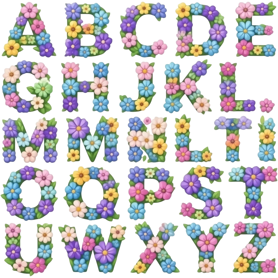 beautiful gemstone shiny floral letters a b c d e f g h i j k l m n o p q r s t u v w x y z    Mark the letters q, u e, s t, i o and n bold emoji