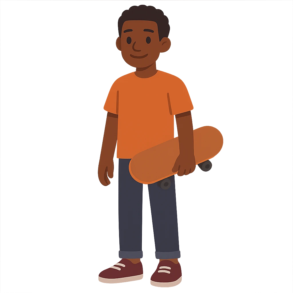 flat toon style black man holding a skateboard emoji