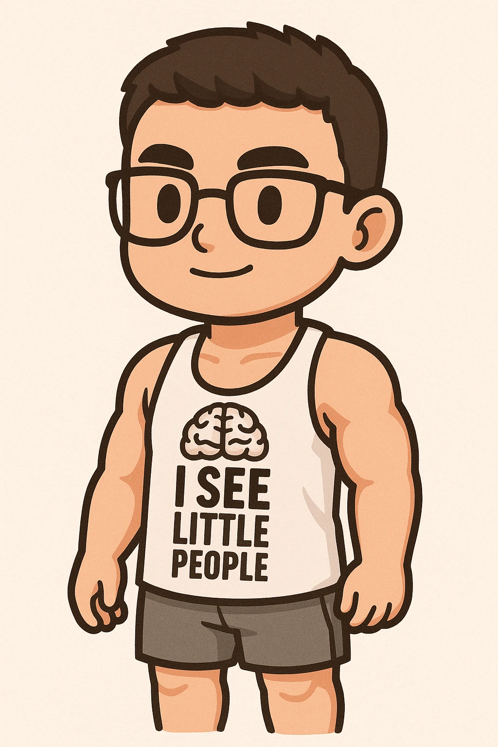 Full body illustration of a young, strong man with short dark hair, wearing glasses and a white gym tank top. Style is cute, cartoon, and simplified with bold black lines and soft colors, matching the chibi stickers style. emoji