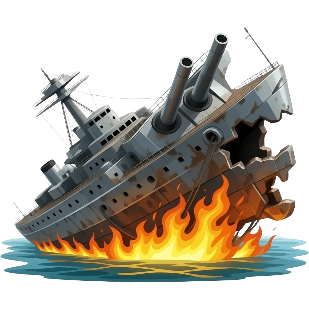 rusty destroyed warship sinking on fire emoji