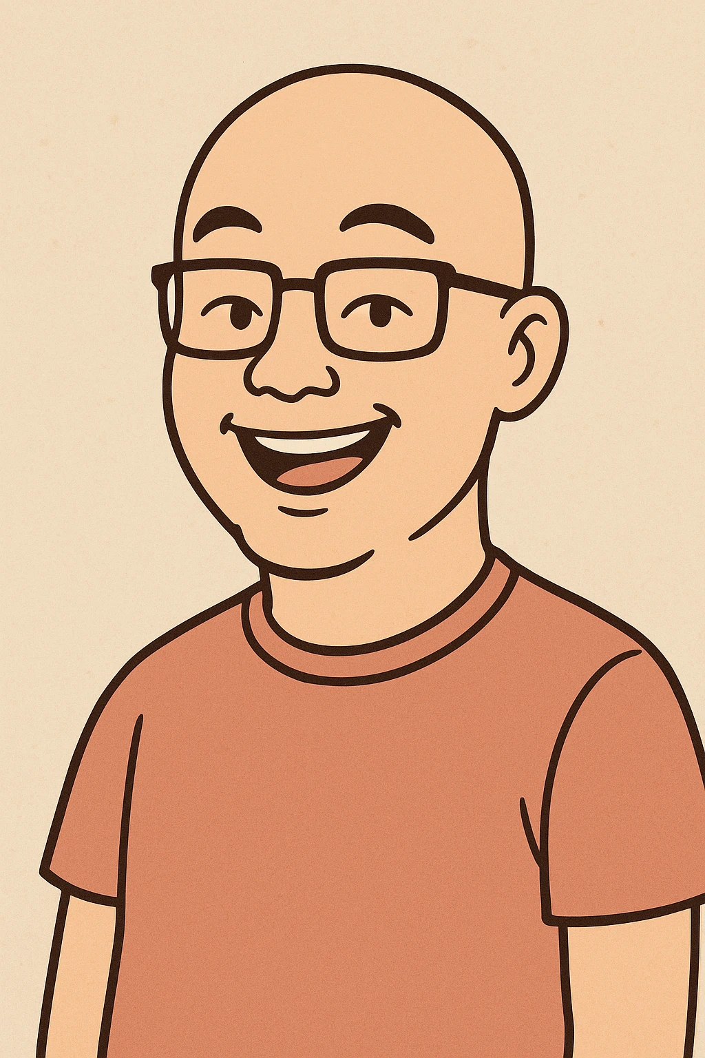 cartoon style, skinhead Asian man with glasses, smiling, minimal background emoji