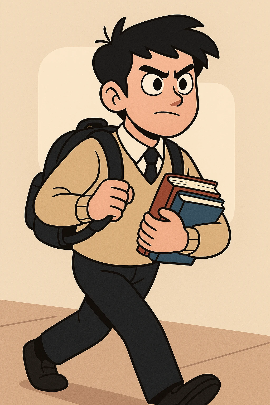 A determined South Korean high school student carrying a backpack and textbooks, looking motivated and ready for school, in a modern, clean illustration style emoji