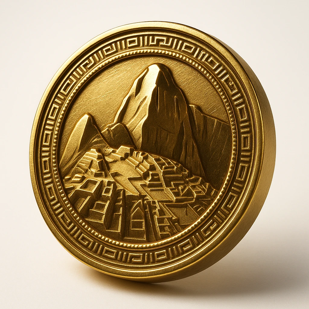 circular logo featuring Machu Picchu, stylized mountain silhouette, gold and green color palette, bold and iconic, suitable for branding emoji