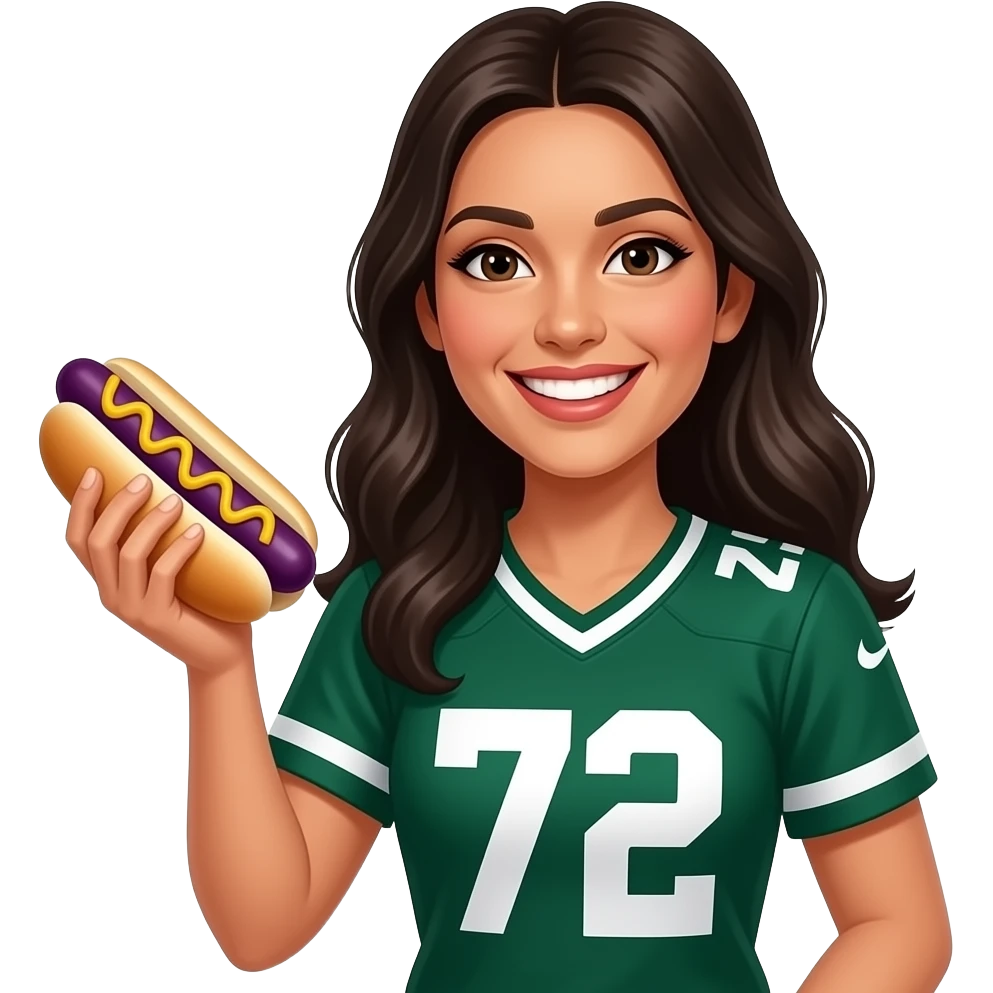 Mexican American woman with an eggplant hot dog celebrating a win emoji