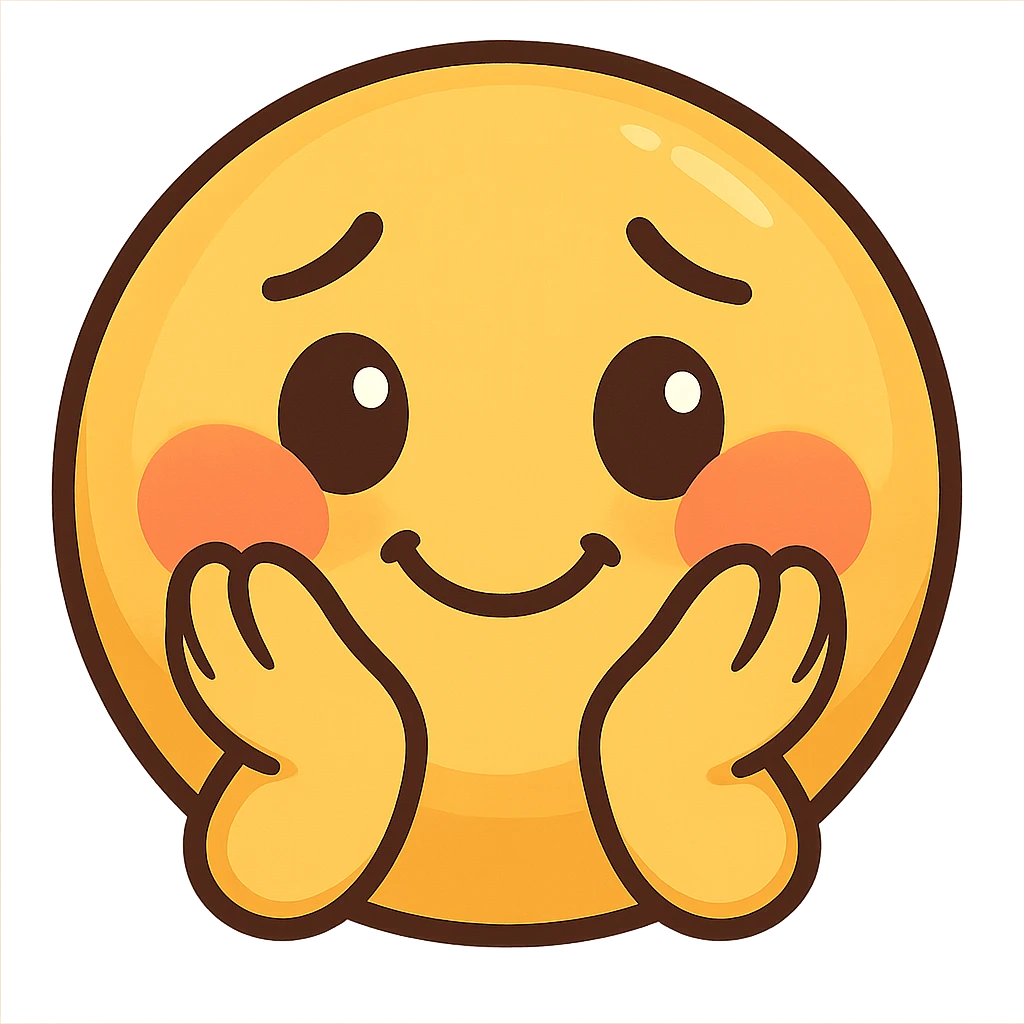 cute emoji, round face, shy smile, hands on cheeks, blushing emoji