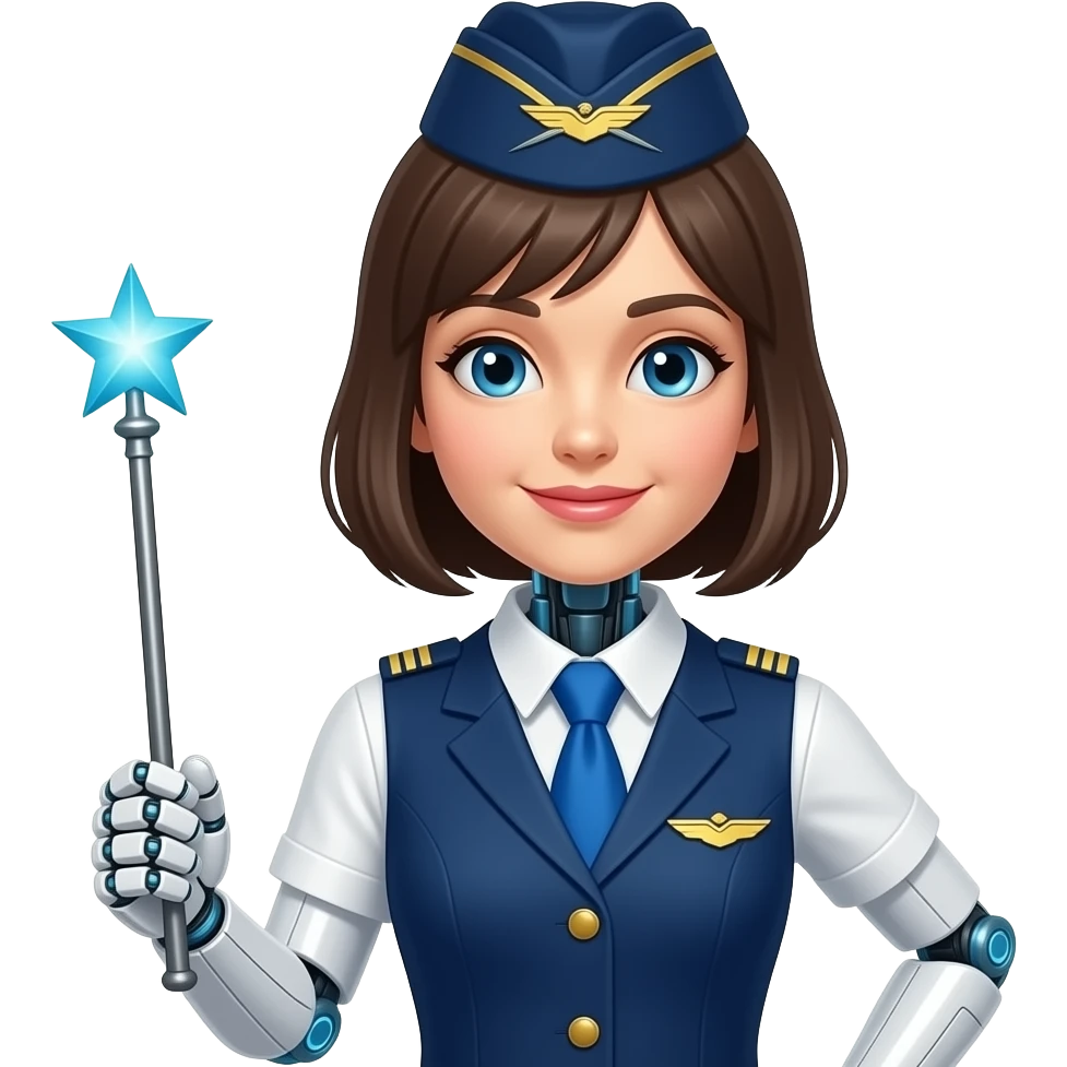 a female flight attendant robot ai with magic stick emoji