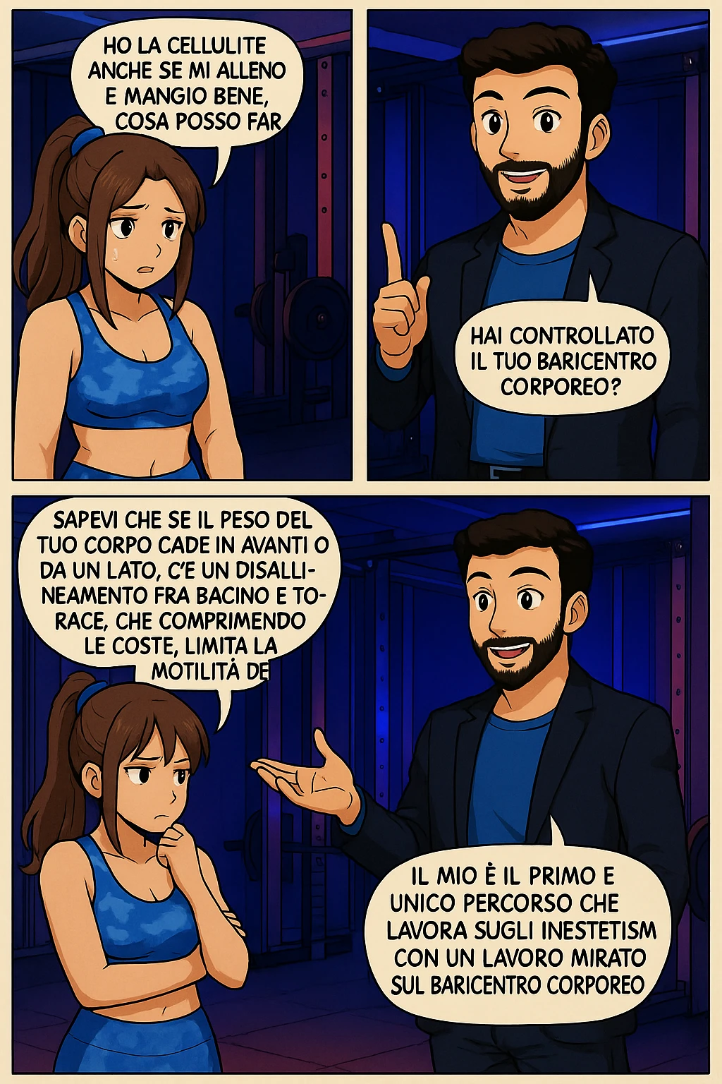 PRENDI SPUNTO DA QUESTO STILE FACENDO UN WEBTOON/MANGA:

LEI: Ho la cellulite anche se mi alleno e mangio bene, cosa posso fare?

LUI: Hai controllato il tuo baricentro corporeo?
LUI: Sapevi che se il peso del tuo corpo cade in avanti o da un lato, c’è un disallineamento fra bacino e torace, che comprimendo le coste, limita la motilità del diaframma e l’ossigenazione dei tessuti?
LUI: Il mio è il primo e unico percorso che lavora sugli inestetismi con un lavoro mirato sul baricentro corporeo. emoji