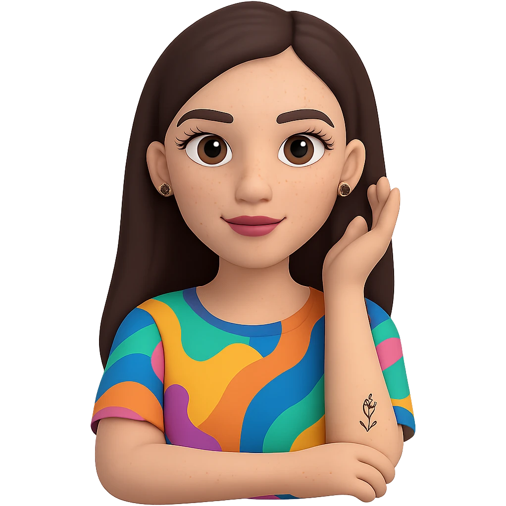 Change the skin to white, add freckles on the cheeks and nose, and ensure the hair is straight, keeping the rest the same. The subject is a female Memoji with an oval face, elegant makeup, long dark brown hair, colorful top, and a small visible tattoo on the arm. Maintain the transparent background. emoji