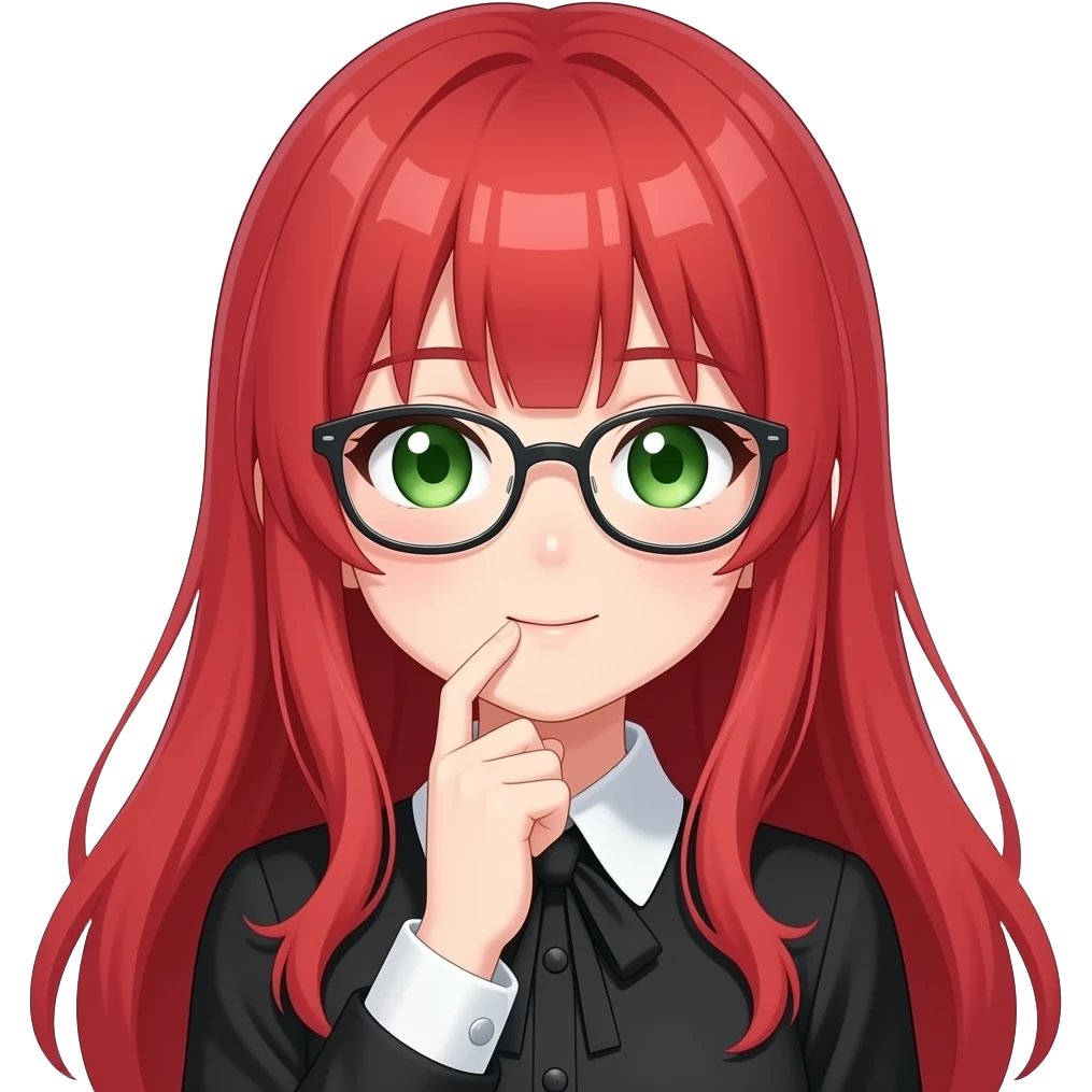 anime girl, glasses thinking,  red hair, green eyes, black blouse with white collar emoji