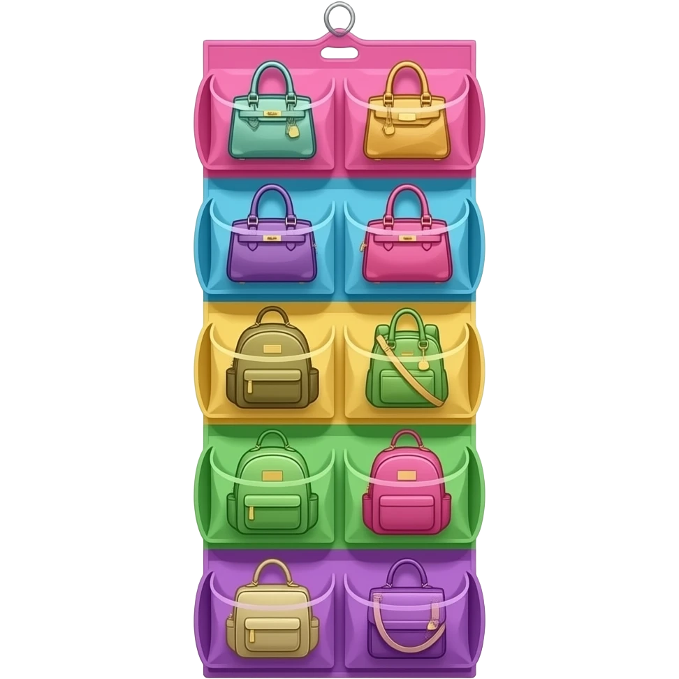 pink, blue, yellow, green, purplea vertical hanging bag organizer, multiple tiers hanging downward, each level holding different bags such as handbags, backpacks, tote bags, and crossbody bags, inspired by Barbie colour palette emoji