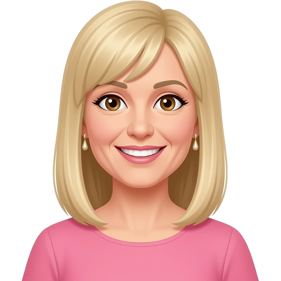 female, 50's blonde straight long hair with straight fringe, earrings, brown eyes, pink dress, smile with teeth emoji