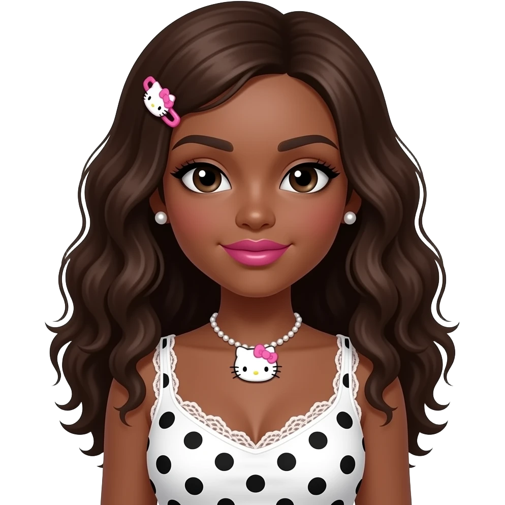 dark brown eyebrows, pearl earring studs, black girl, pink lips, my melody hairclip, dark brown skin, Doll faced shaped, hello kitty necklace, bimbo, black doll eyes, Big lips, long curly dark brown hair, with white or black lace pink polka dots with gyaru sleeveless shirt, with big breast emoji
