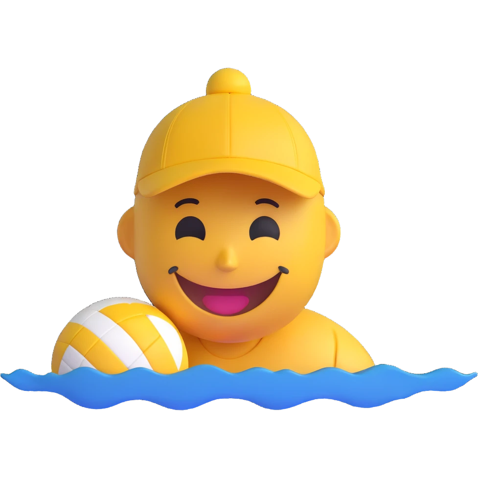 3D smiley emoji, round shape, wearing water polo cap, holding water polo ball, sporty face, transparent background (water polo) emoji