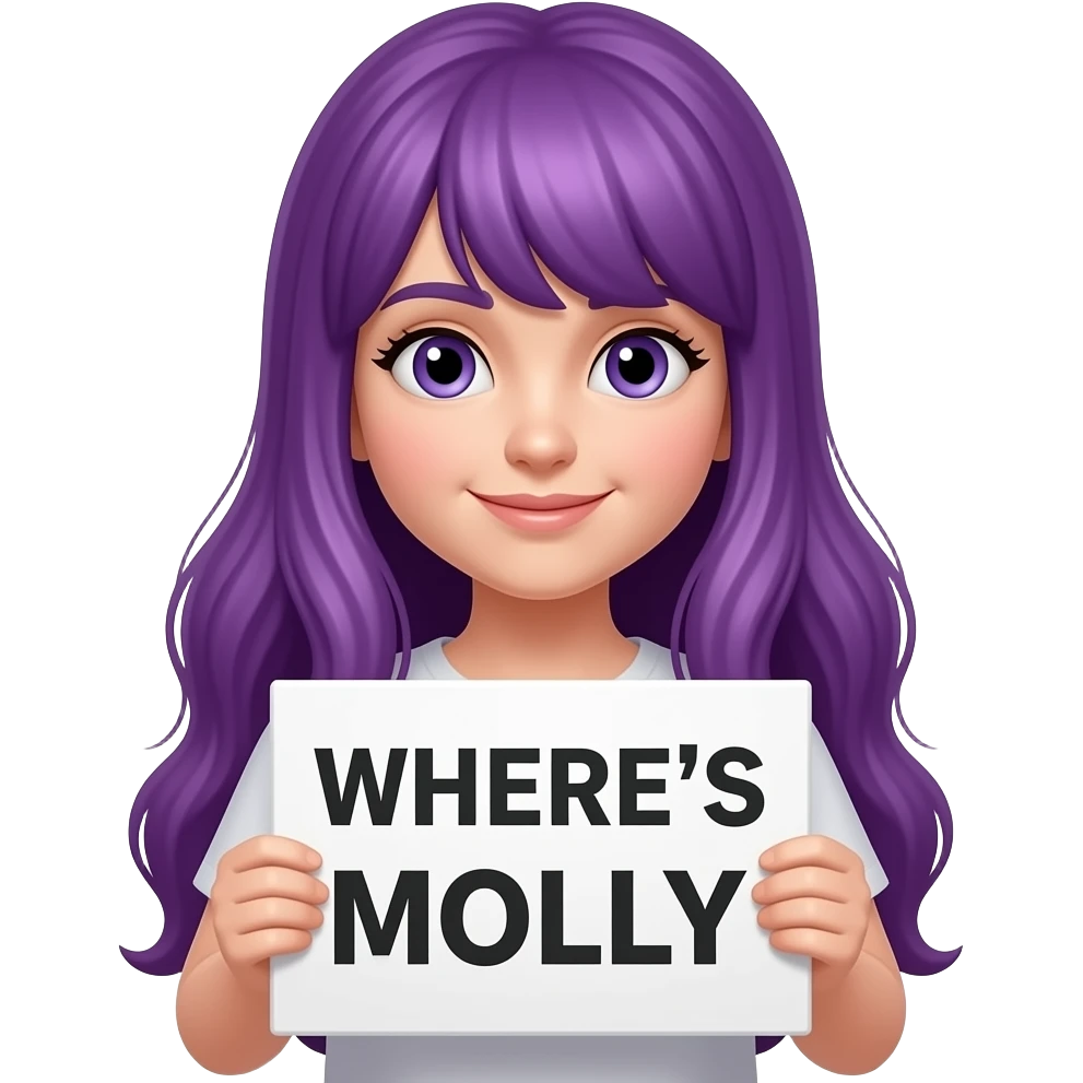 girl with long purple hair with a WHERE'S MOLLY sign emoji
