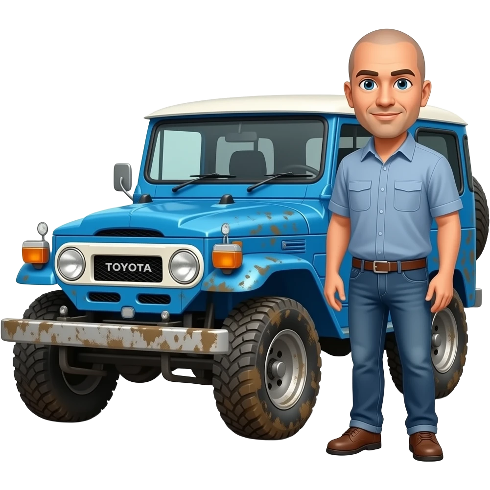 Toyota fj40 Land Cruiser emoji style with no haired man with clean shaven face wearing jeans and short sleeve shirt standing next to blue fj40 with mud on tires emoji