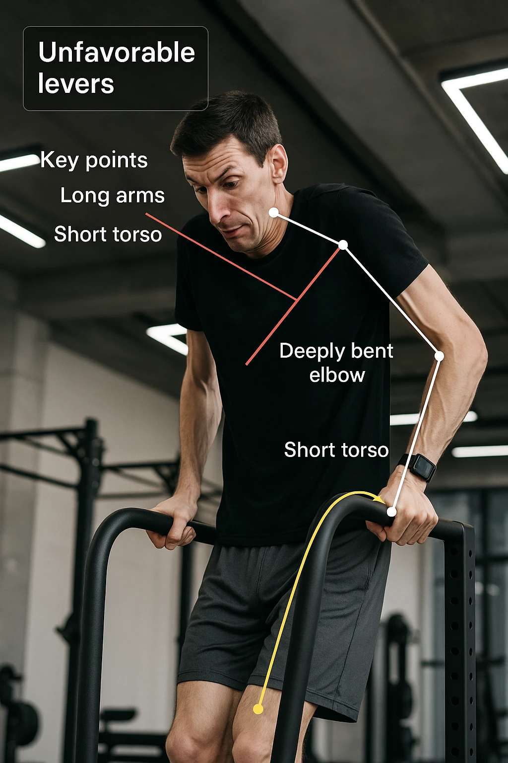 a tall, lean man with very long arms and a short torso attempts a dip on parallel bars. His elbows are deeply bent and his body appears awkwardly positioned, highlighting the mechanical disadvantage. An overlay shows anatomical lines and angles, with labels explaining “unfavorable levers.” The background is a modern gym, with a focus on biomechanics. emoji