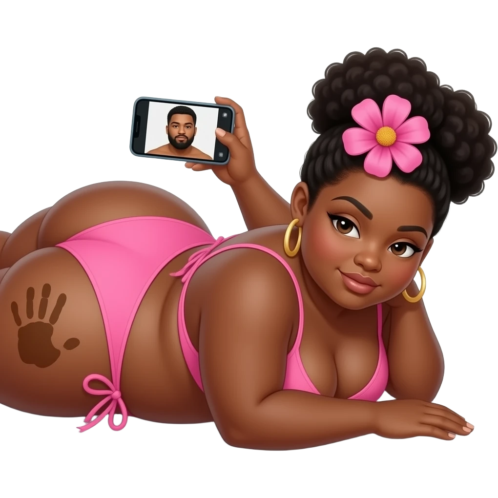 African extremely obese big booty bbl showing back its pink bikini massive thighs while wearing a pink flower on its head while laying front while watching on its phone a African man and the camera is facing at her left buttock an brown hand print on left buttock while fartin emoji