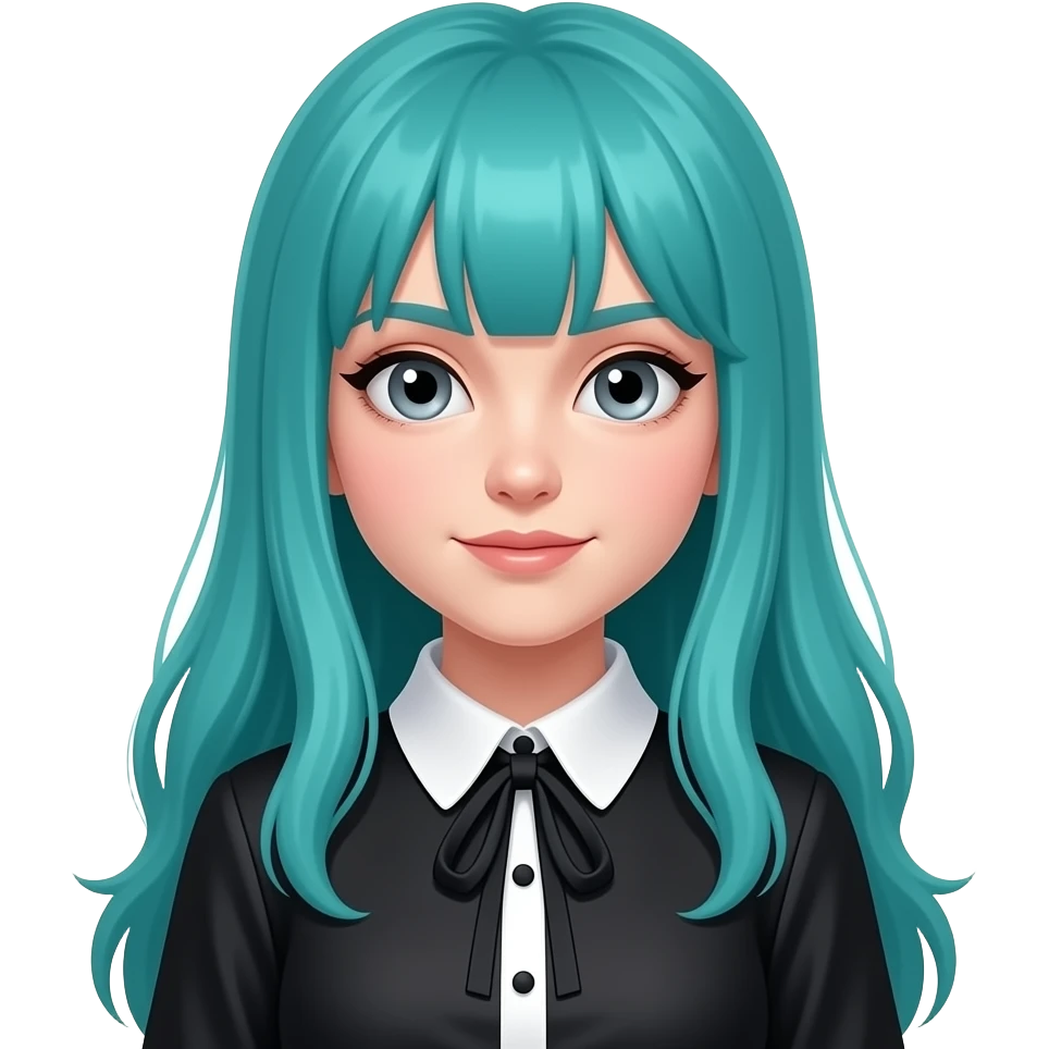 girl, silly, long flowing teal hair, grey eyes, black shoulder cyberpunk blouse with fancy white collar emoji