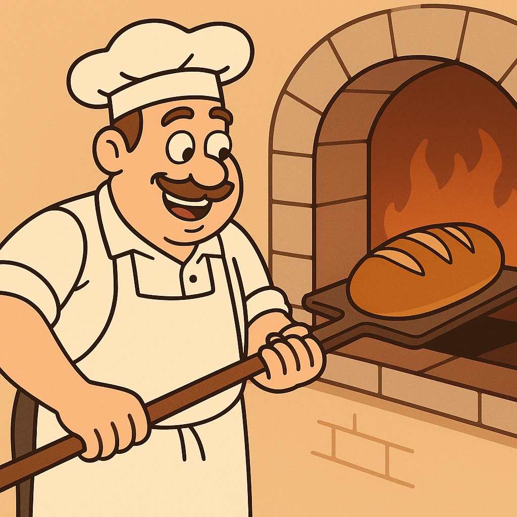 baker taking bread out of oven, baker's outfit, warm colors, smiling expression emoji