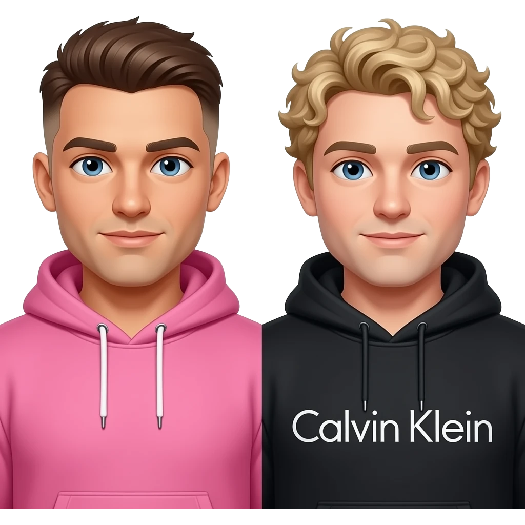 Make a tan muscular man wearing a pink hoodie with a brown low taper fade and a chubby white guy with a black Calvin Klein sweatshirt and his hair is dirty blonde curly emoji