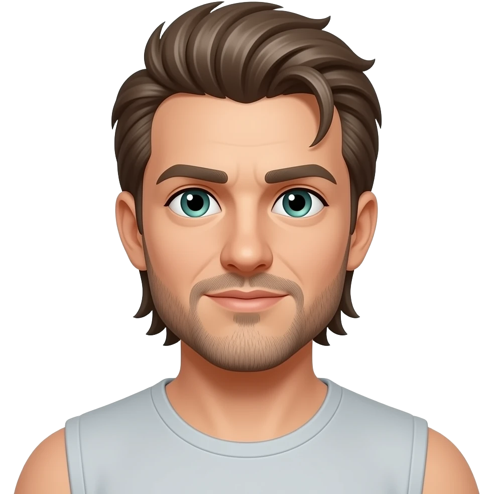 Mullet with side flares, wide shoulders. hazel blue green eyes, some grays with mostly hazel hair, 5 o’clock shade beard emoji