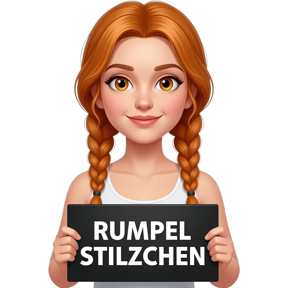 sexy girl with long ginger braids and ginger eyes wearing a white tanktop is holding a black sign with RUMPEL STILZCHEN written on it emoji