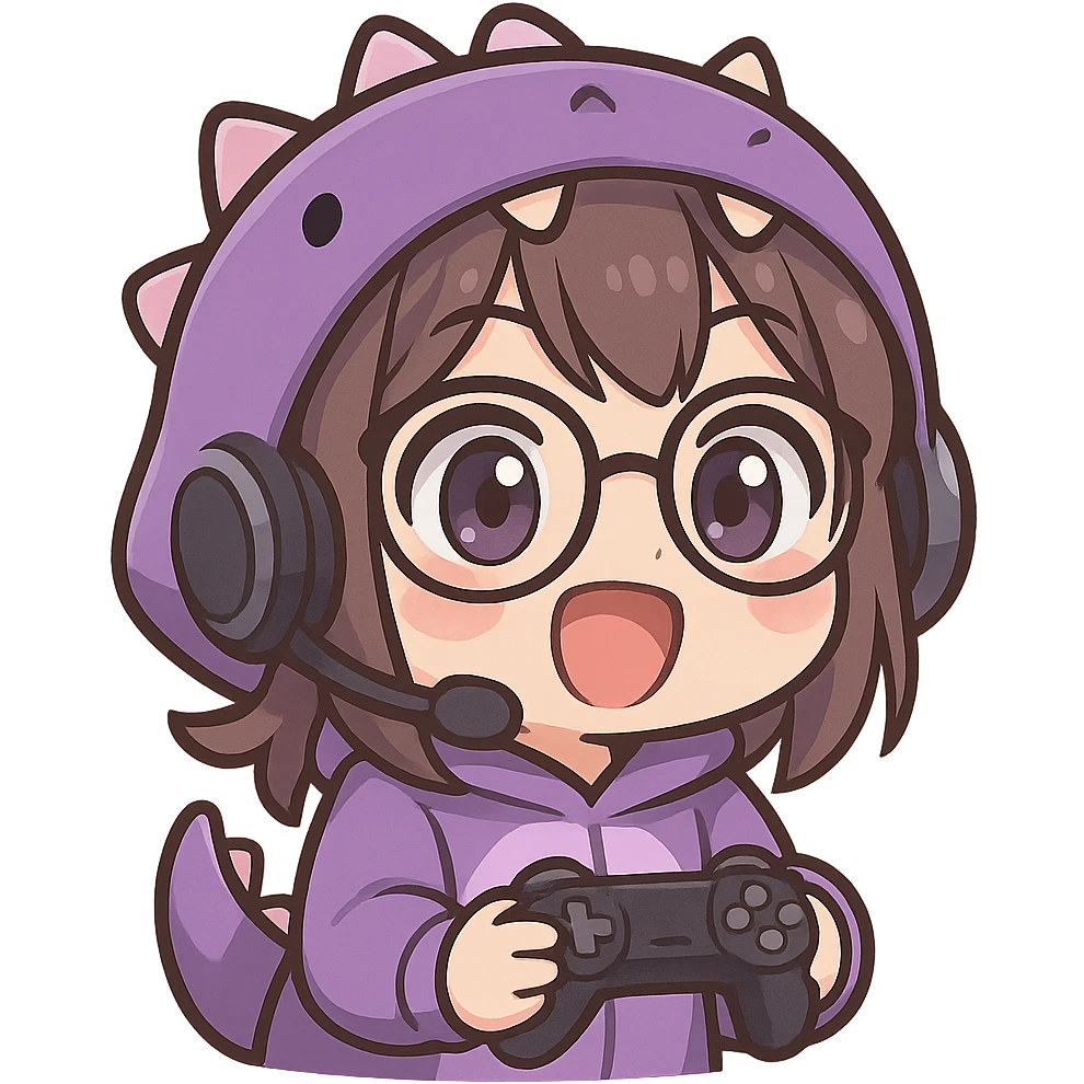 chibi anime style gamer girl with glasses, brown hair, dark purple eyes, wearing a purple dinosaur costume, excited emote, no controller emoji