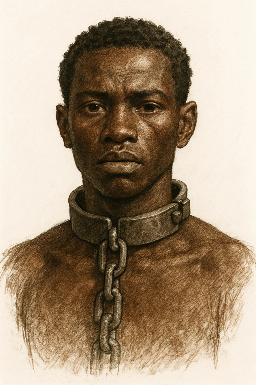 Сгенерируй мне в чуть рисованном стиле африканского раба, и на шее у него оковы с цепью, он смотрит четко прямо без эмоций. На белом фоне emoji