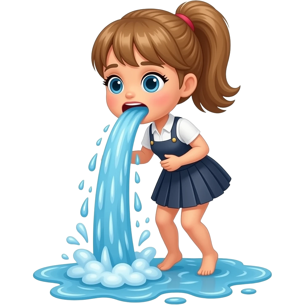 A full-body doll with a pretty ponytail is vomiting from her stomach through her mouth, spewing it out onto the floor at her feet like Niagara Falls emoji