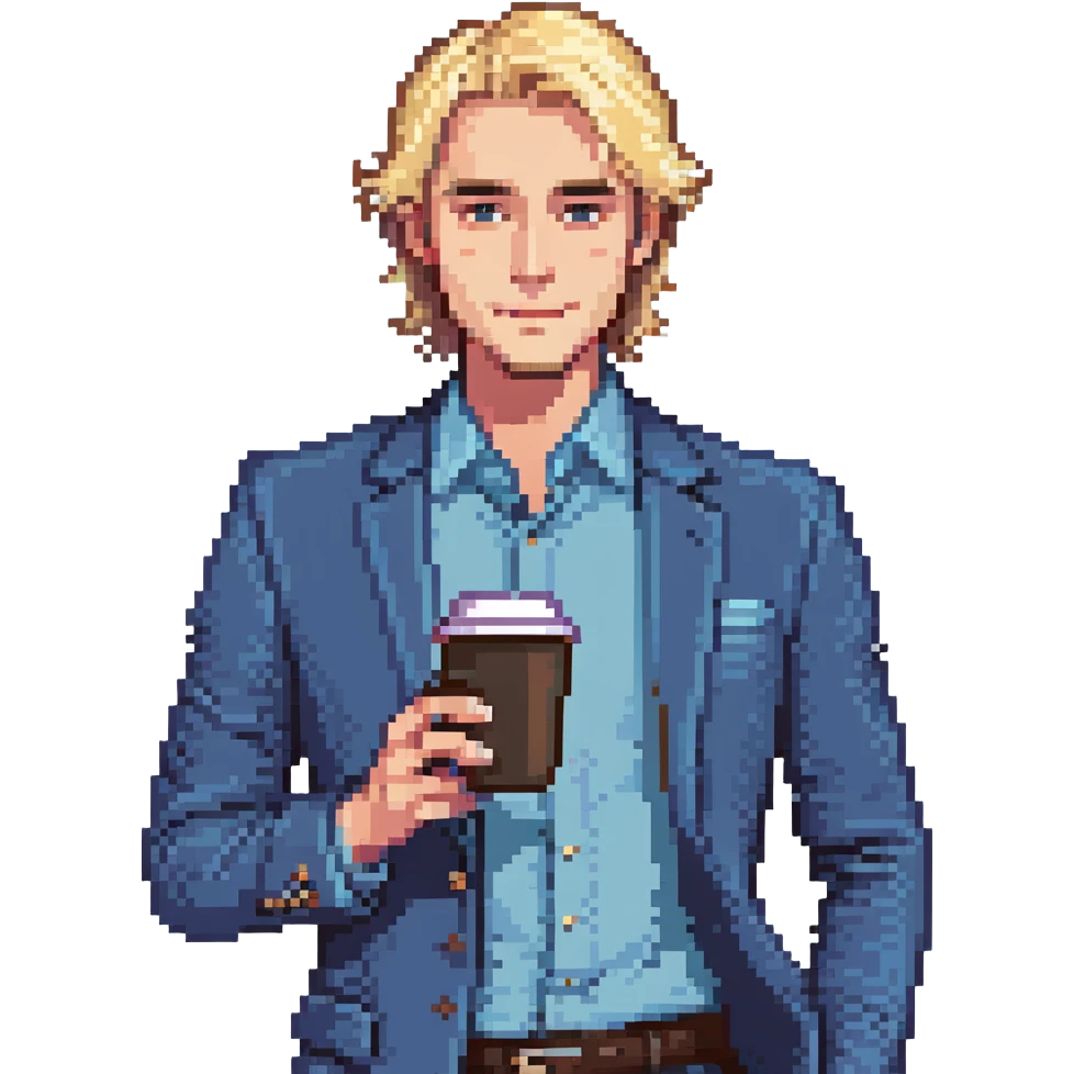 Confident male entrepreneur, Caucasian features, blonde hair, defined eyebrows, slight smile, wearing blue blazer over light blue shirt, holding a smartphone in one hand and a coffee cup in the other, waist-up, front-facing emoji