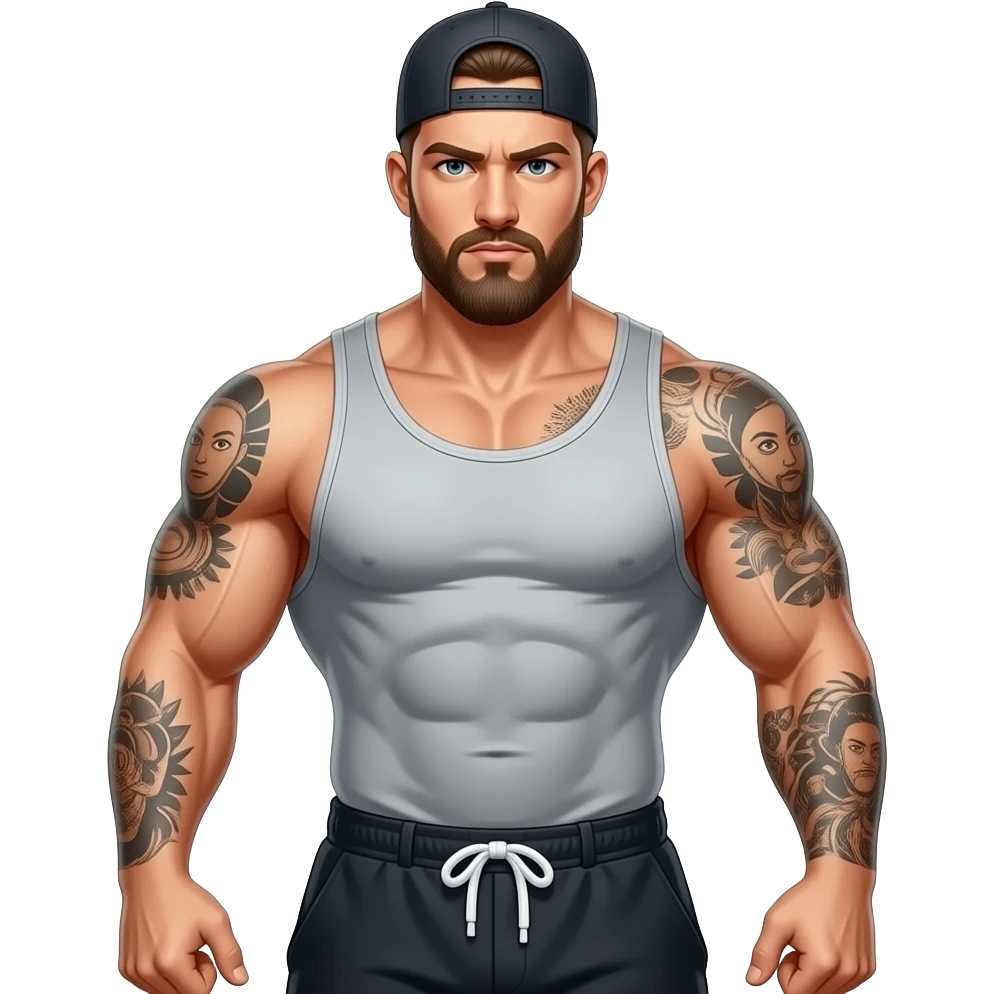 Muscular gym athlete emoji, tattooed arms, beard, backward cap, grey tank top, serious focused expression, strong bodybuilding vibe, simple emoji style. emoji