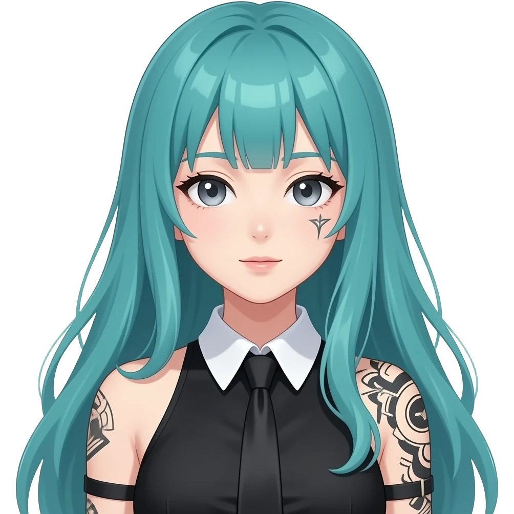 anime girl, resting face, face tattoos, long flowing teal hair, grey eyes, black shoulder cyberpunk blouse with fancy white collar emoji