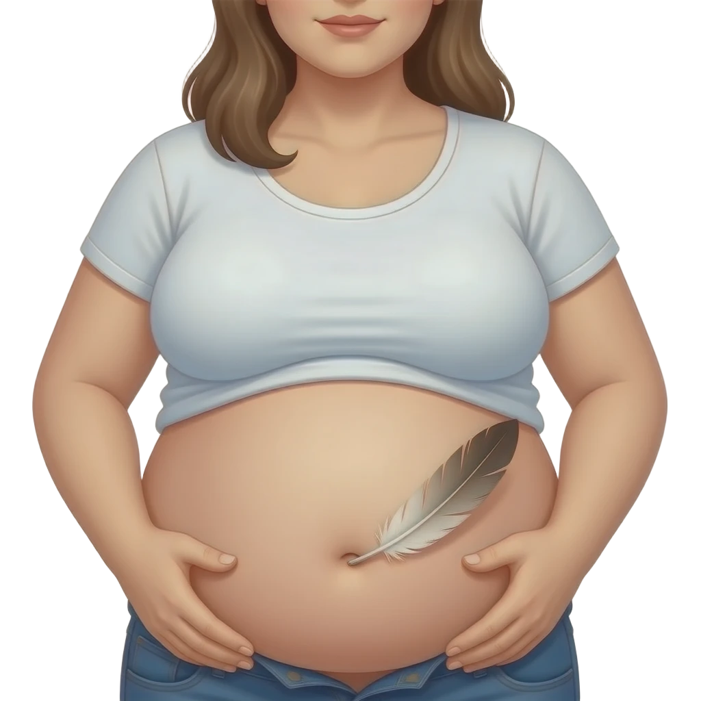 A girl with a huge bloated belly,now faces a battle with a feather that wants to tickle her bellybutton. emoji