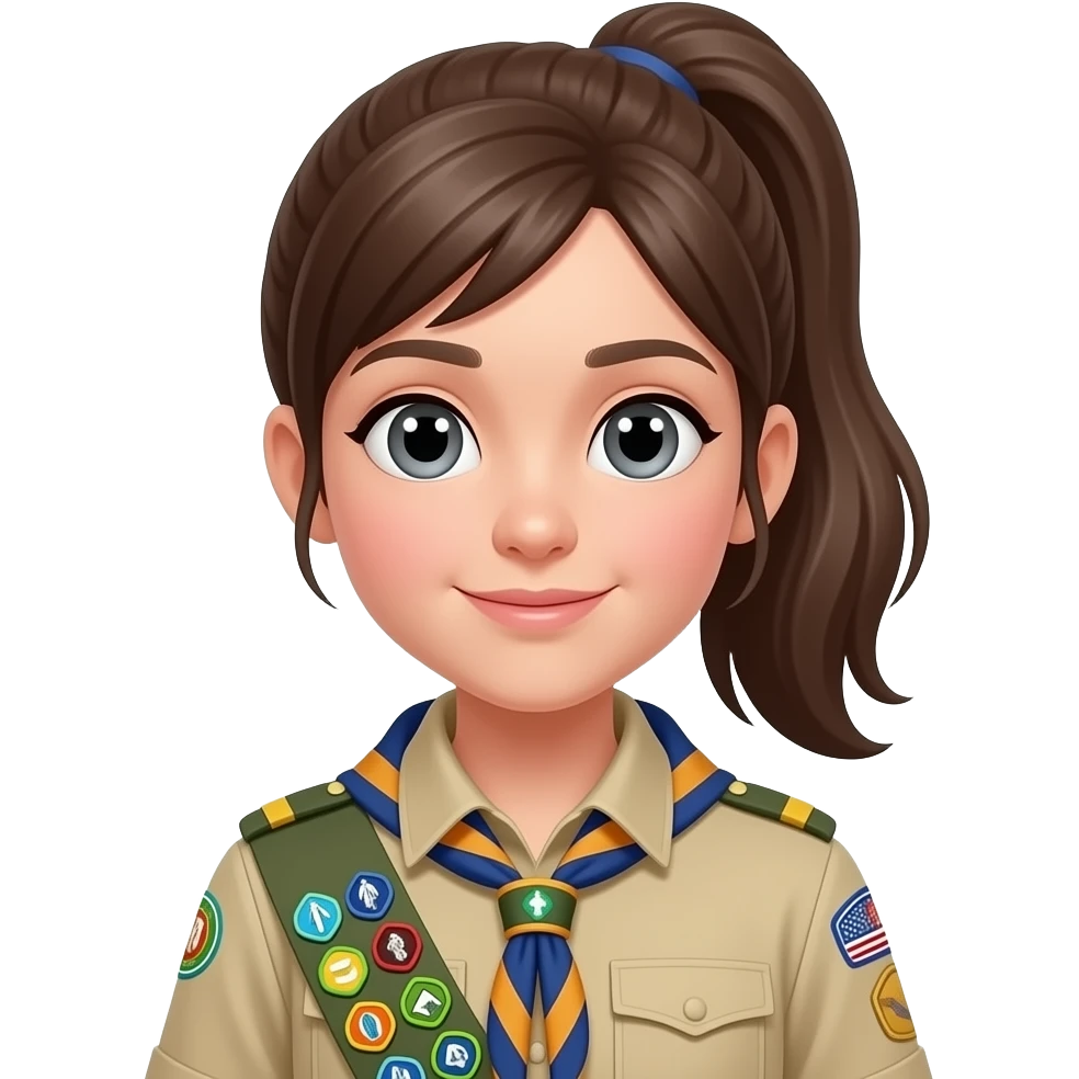 make a girl with brow  long hear in a pony  grey eyes big 13 jear in the seond in a scout suit emoji