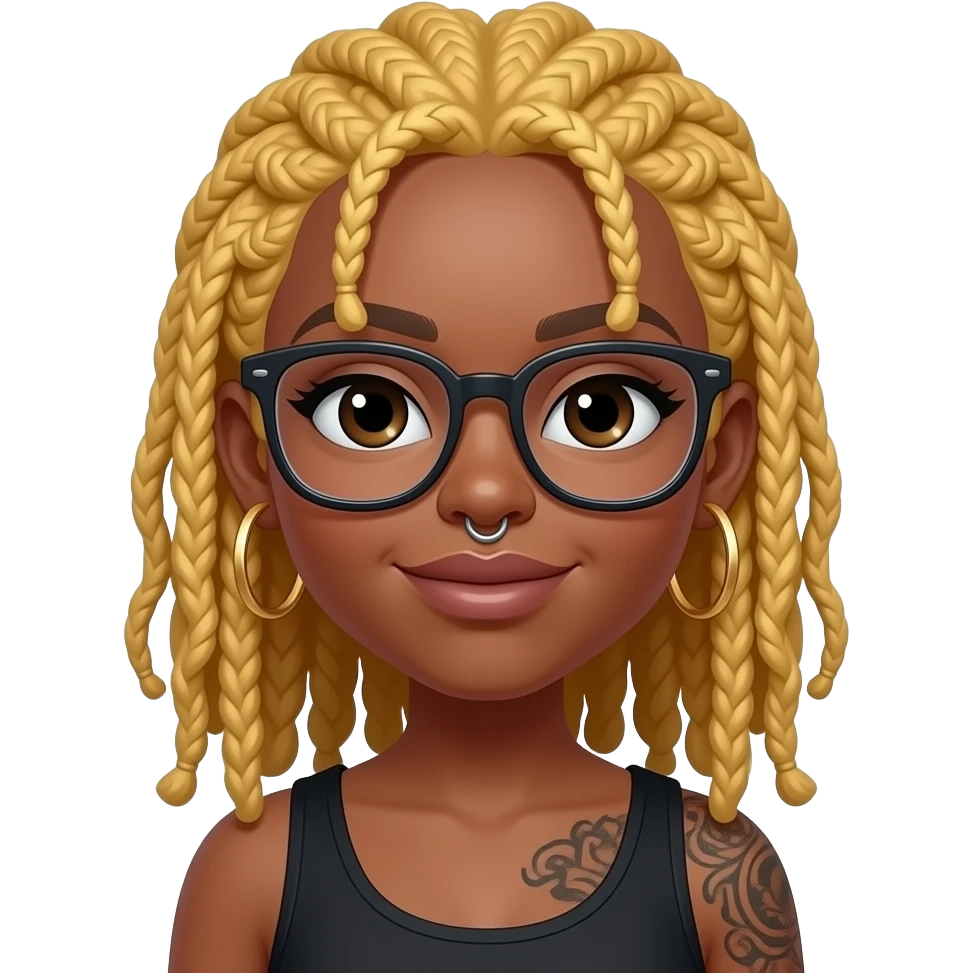 Black girl with blonde locs, glasses, nose piercing,  hoop earrings and tattoo emoji