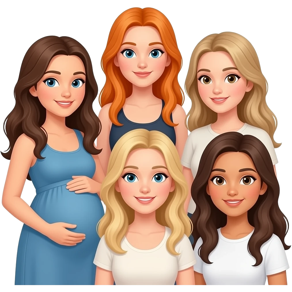 5 caucation girl friends long hair : a brunette who is pregnant, orange blonde tall thin, a blonde thin, a dirty blonde thin, a brunette Italian emoji