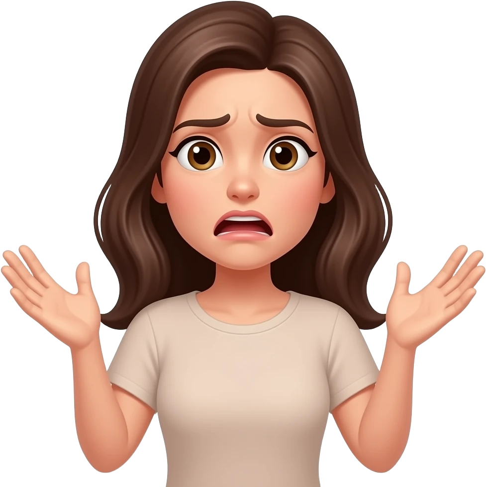 Женщина возмущенна и не понимает, разводит руками, ладони вверх, не знает emoji