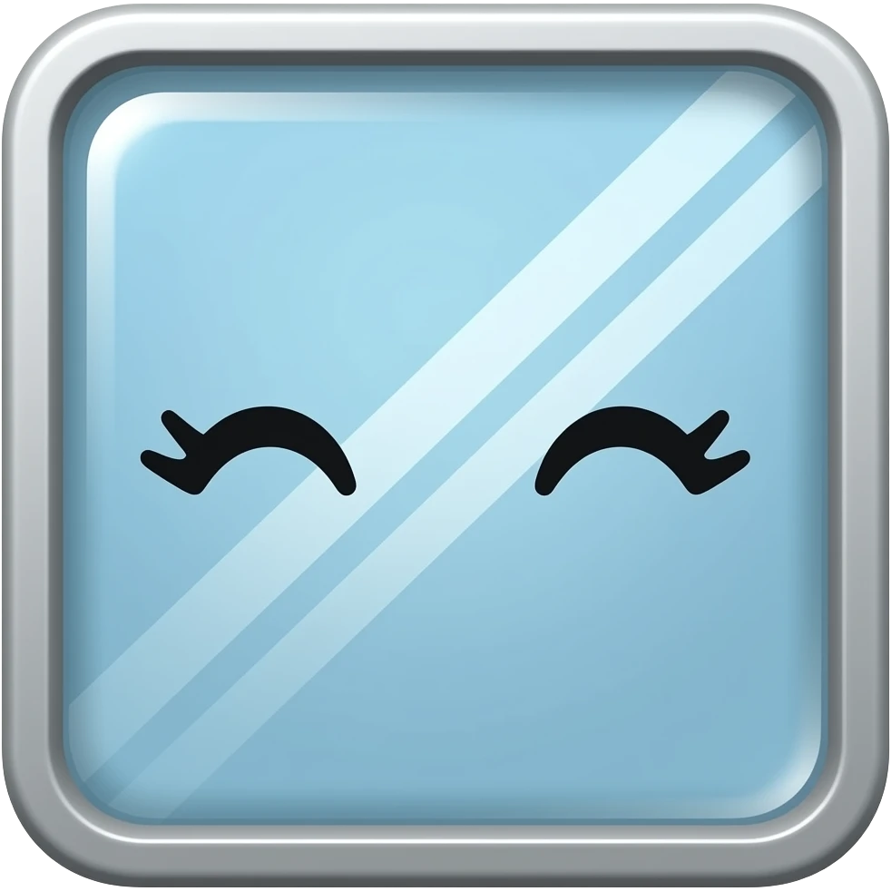A rectangular glass window with a cute face with eyelashes emoji