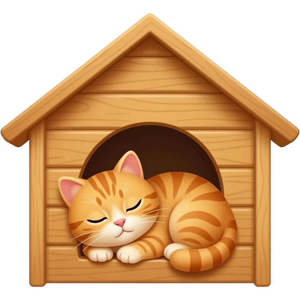 A fluffy orange tabby cat is peacefully dozing inside a small wooden outdoor cat house, with just its head poking out of the entry hole, eyes closed in contentment. emoji