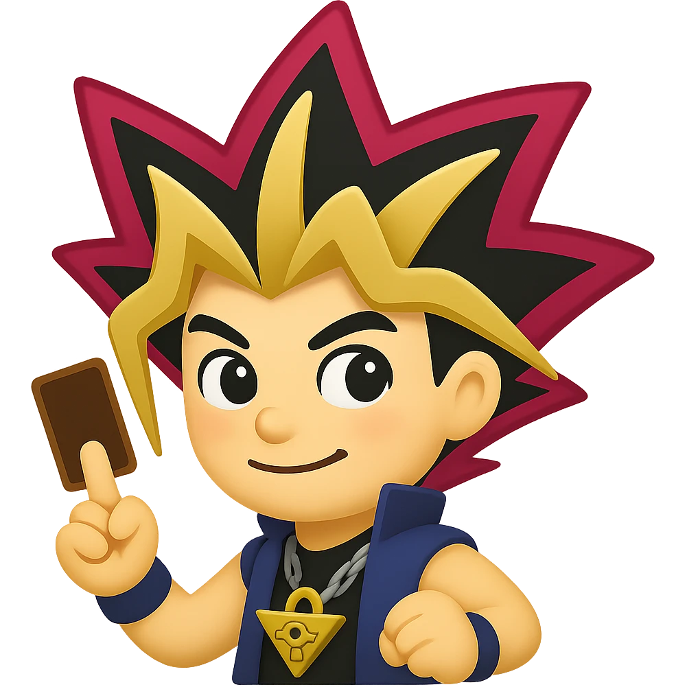 Create an emoji style version of Yugi from Yu-Gi-Oh inspired by the reference image. Pose should be a duel stance holding a card, with tricolor hair and Millennium Puzzle necklace. The style should resemble apple style emojis with concise details. emoji