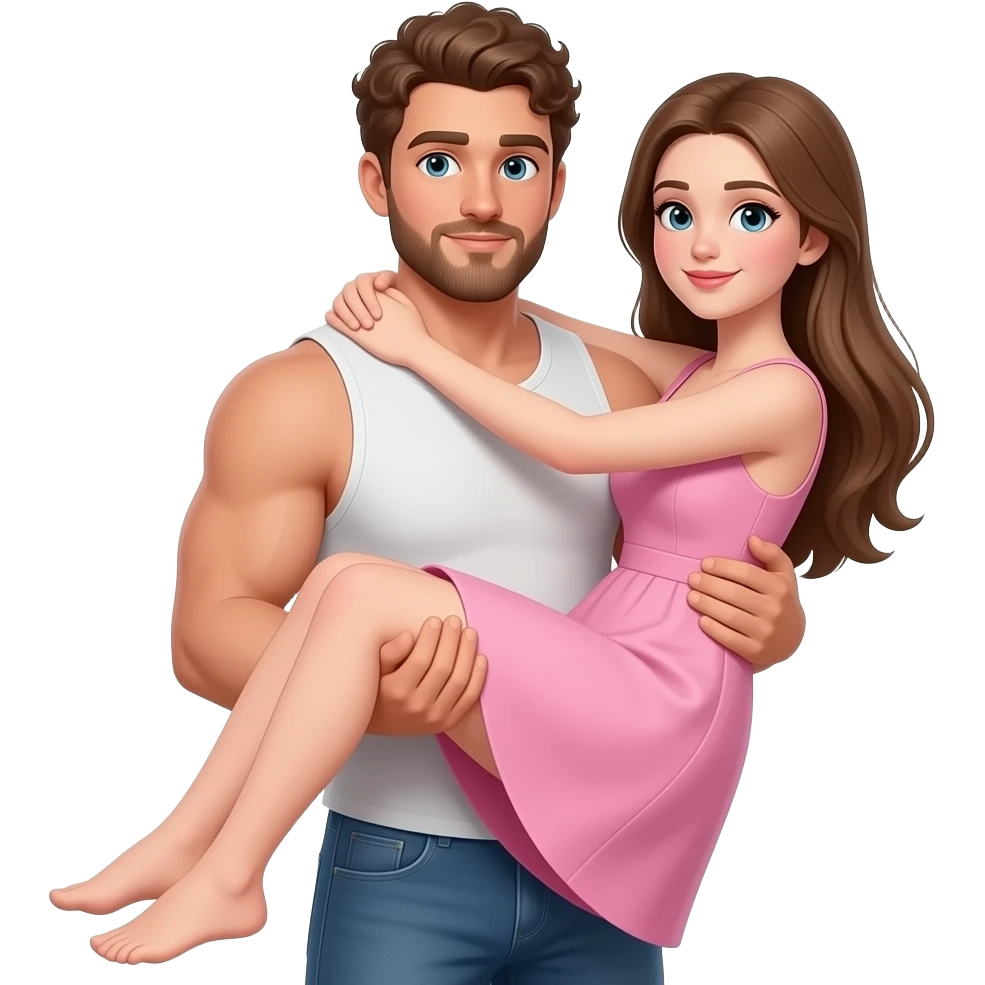 Realistic white skin brown short curly hair with beard muscular man carrying white skin long straight brown hair girlfriend wearing aesthetic pink dress HD emoji