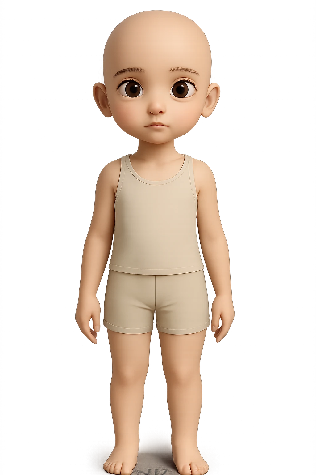 Remove all hair and make the character bald while keeping everything else the same including shorts, tank top, pose, and style. Maintain transparent background. emoji
