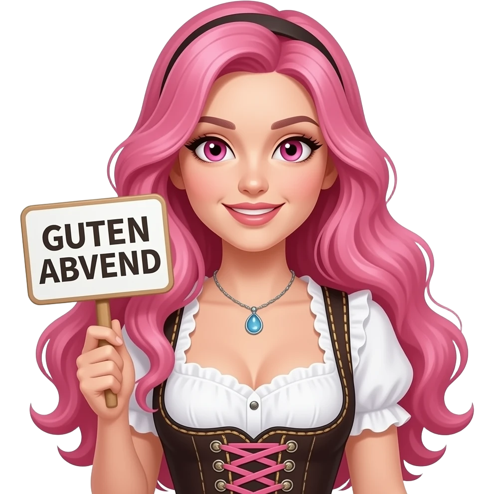 sexy girl with long pink hair and pink eyes wearing a dirndl holding a GUTEN ABEND sign emoji