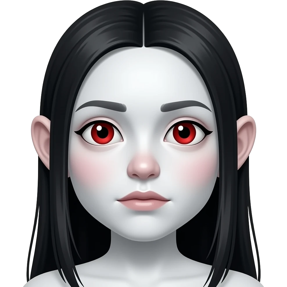 사악한 흰 피부. 붉은 동공. 살색 커다란 귀. 큰 눈. 창백한. 붉은 눈. 붉은 홍조. 사악한 검정 머리.무표정. 가르마 긴 생머리. emoji