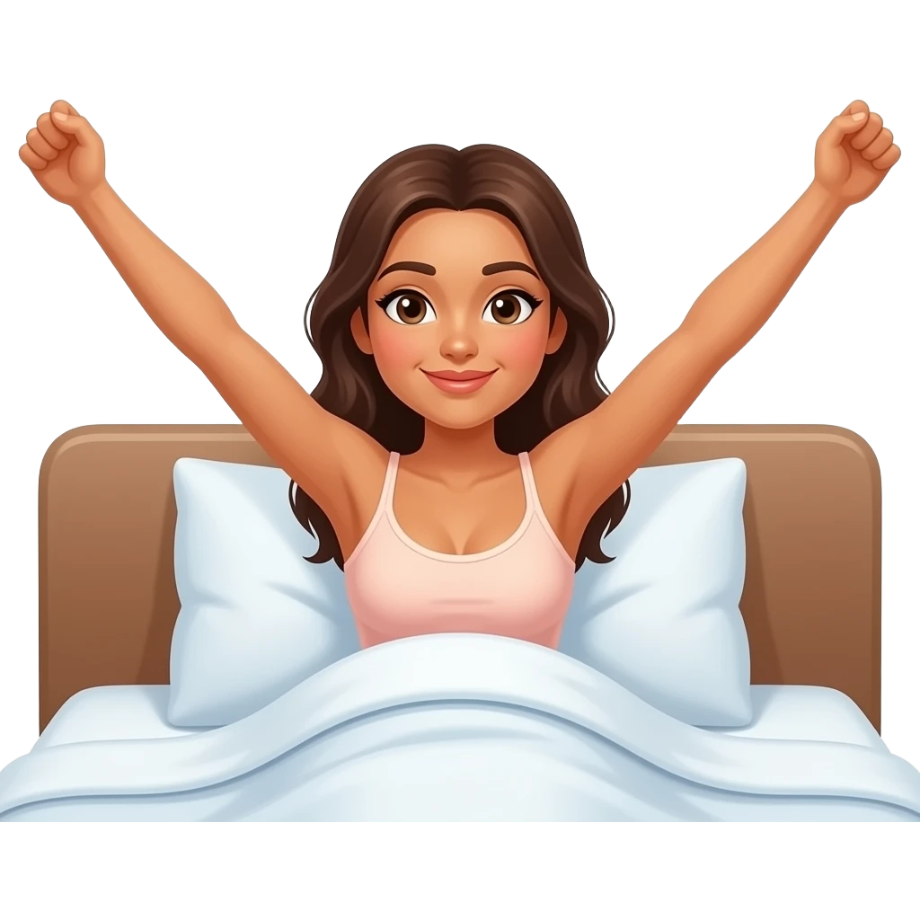 a shirtless tanned woman waking up in bed with arms fully stretched and the words "Good Morning" in blue overhead emoji