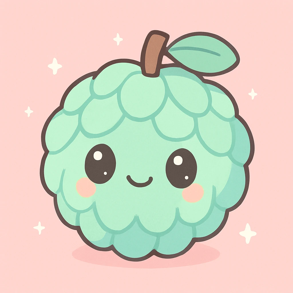 kawaii cartoon style sugar apple fruit with cute face, pastel colors, simple background emoji