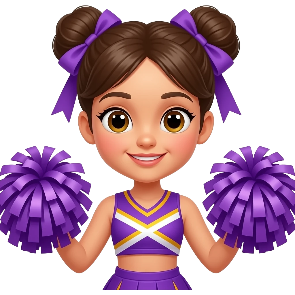 wide body cheerleader girl kid with two sided bun and wear vibrant purple cheerleader outfit and poom poom in hands face close up emoji